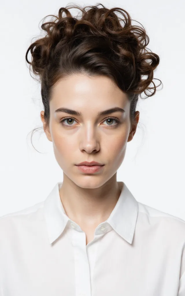 A French female model with an Updo with curls, wearing a shirt, against a white background, in a front   facing bust portrait